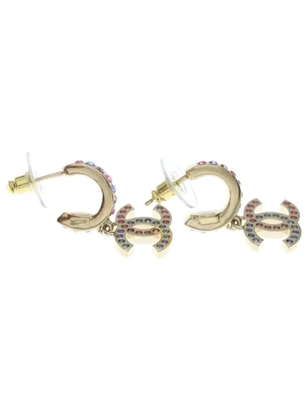 Chanel CC Logo Rhinestone Hoop Drop Earrings Gold